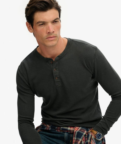 Superdry Waffle Long Sleeve Half Button Top Washed Black