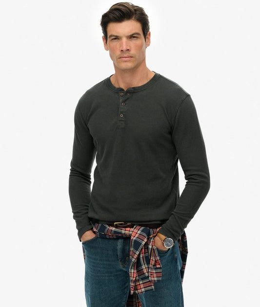 Superdry Waffle Long Sleeve Half Button Top Washed Black Superdry Clothing Long Sleeve tee