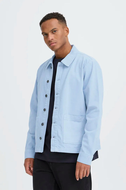 Blend Long Sleeved Overshirt Faded Denim Mens casual summer Overshirt by Blend. Colour: Faded Denim Material: 100% Cotton Man wearing a light blue denim jacket over a black shirt on a white background