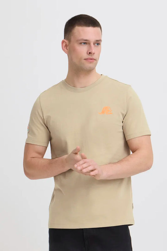 Blend Sun Surf T-shirt Crockery men's Casual surfing beach wear T-shirt by Blend. Colour: Crockery Material: 100% Cotton Man wearing a beige t-shirt with an orange logo on a white background
