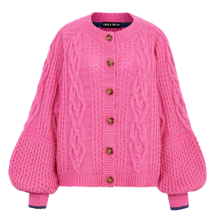 Cara & The Sky Brigit Heart Stitch Balloon Sleeve Cardigan Pink