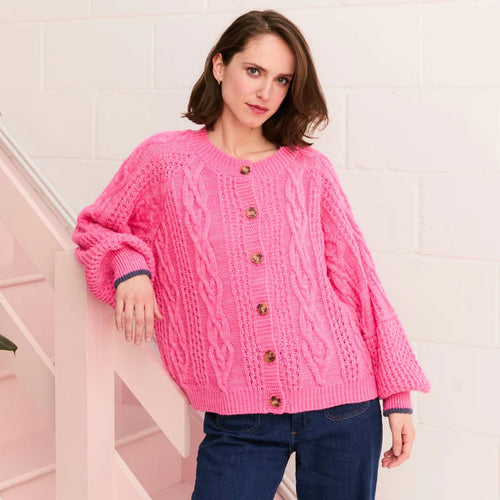 Cara & The Sky Brigit Heart Stitch Balloon Sleeve Cardigan Pink