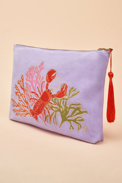 Powder Velvet Embroidered Zip Pouch Lobster Buddies Lavender