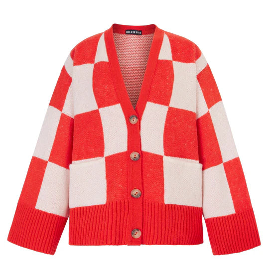 Cara & The Sky Candice Checked Wide Sleeve Cardigan Red & White