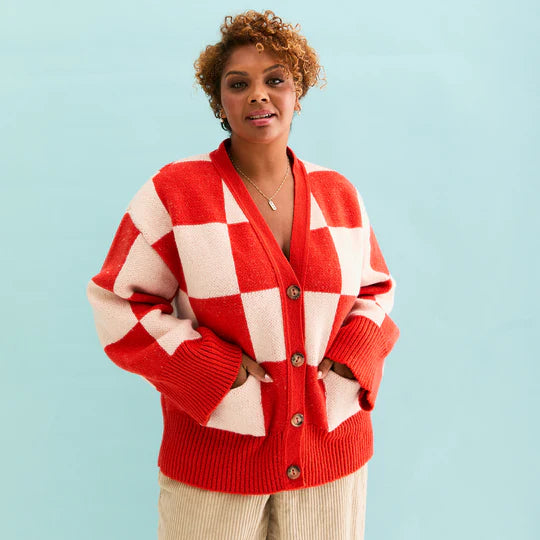 Cara & The Sky Candice Checked Wide Sleeve Cardigan Red & White