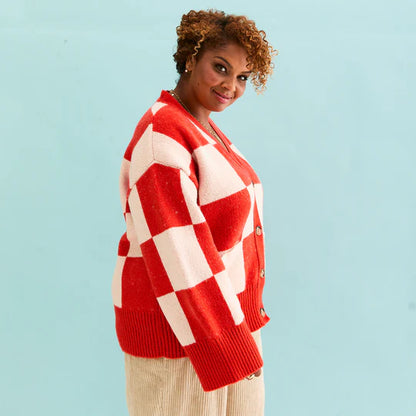 Cara & The Sky Candice Checked Wide Sleeve Cardigan Red & White