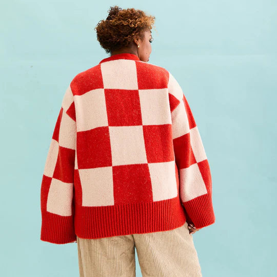 Cara & The Sky Candice Checked Wide Sleeve Cardigan Red & White