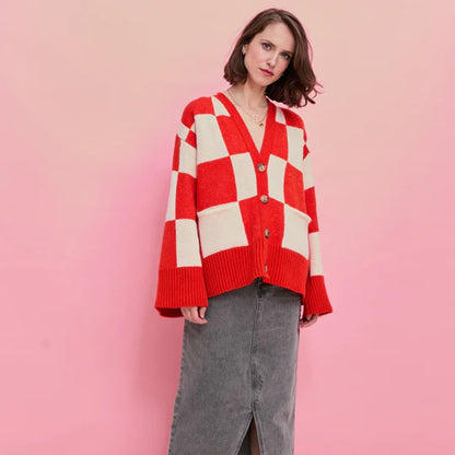 Cara & The Sky Candice Checked Wide Sleeve Cardigan Red & White