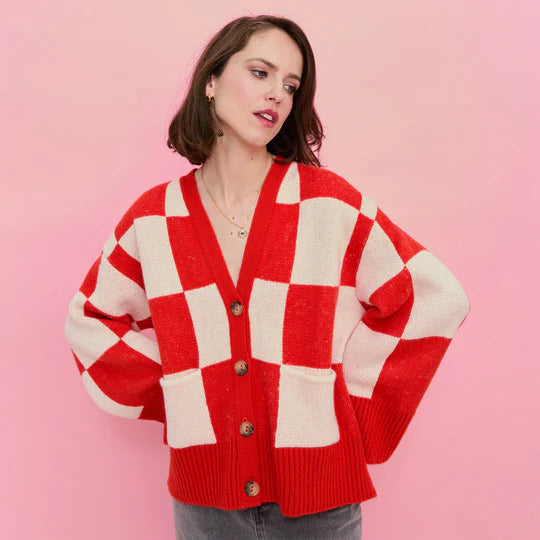 Cara & The Sky Candice Checked Wide Sleeve Cardigan Red & White