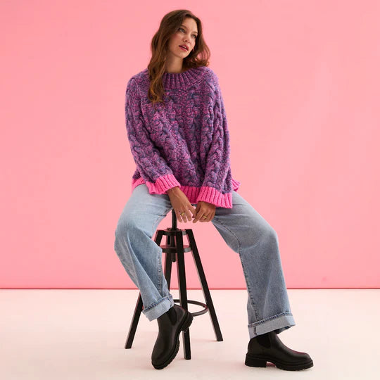 Cara & The Sky Jennie Cable High Neck Balloon Sleeve Jumper Denim