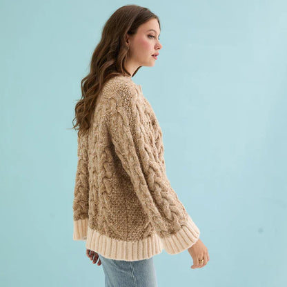 Cara & The Sky Jennie Cable High Neck Balloon Sleeve Jumper Beige