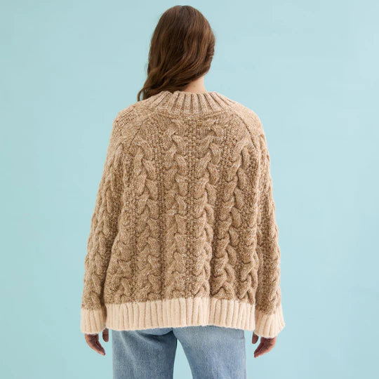 Cara & The Sky Jennie Cable High Neck Balloon Sleeve Jumper Beige