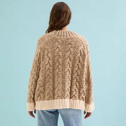 Cara & The Sky Jennie Cable High Neck Balloon Sleeve Jumper Beige