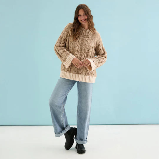 Cara & The Sky Jennie Cable High Neck Balloon Sleeve Jumper Beige