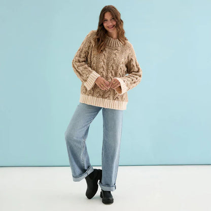 Cara & The Sky Jennie Cable High Neck Balloon Sleeve Jumper Beige
