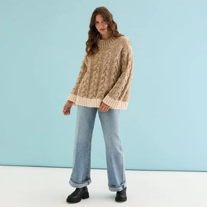 Cara & The Sky Jennie Cable High Neck Balloon Sleeve Jumper Beige