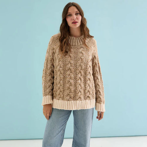 Cara & The Sky Jennie Cable High Neck Balloon Sleeve Jumper Beige
