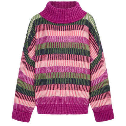 Cara & The Sky Tasha Oversized Balloon Sleeve Stripe Roll Neck Jumper Purple