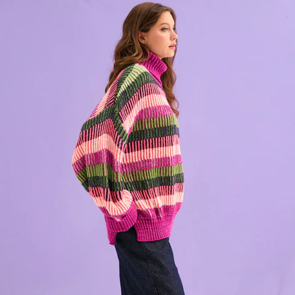 Cara & The Sky Tasha Oversized Balloon Sleeve Stripe Roll Neck Jumper Purple
