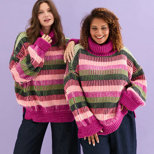Cara & The Sky Tasha Oversized Balloon Sleeve Stripe Roll Neck Jumper Purple