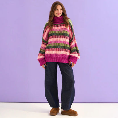 Cara & The Sky Tasha Oversized Balloon Sleeve Stripe Roll Neck Jumper Purple