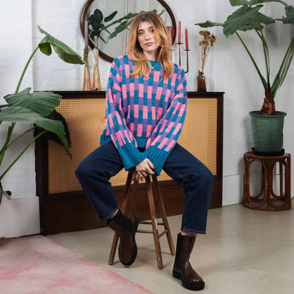 Cara & The Sky Charlotte Geometric Pattern Wide Sleeve Knit Jumper Teal