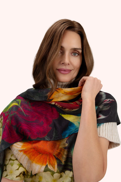 Powder Opulant florals in Chocolate Wool Wrap Scarf