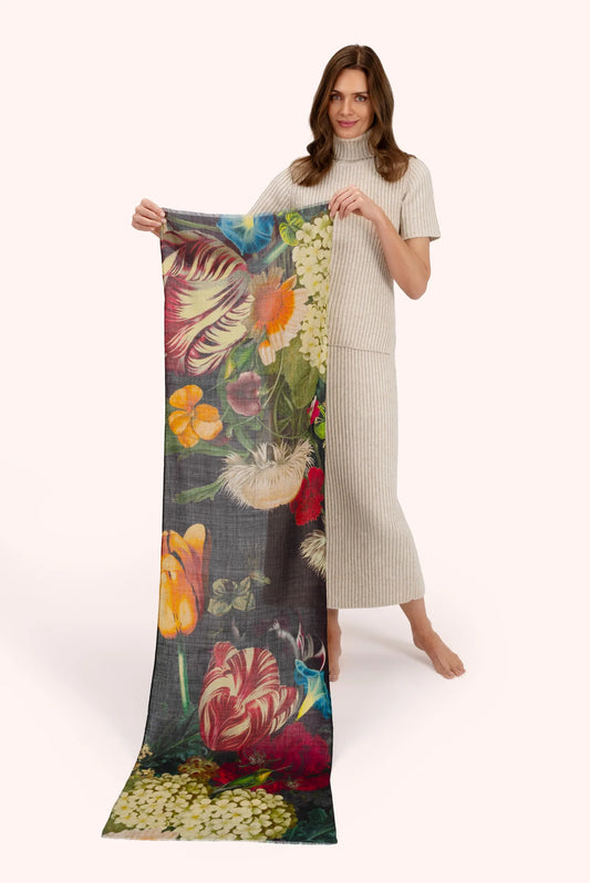 Powder Opulant florals in Chocolate Wool Wrap Scarf