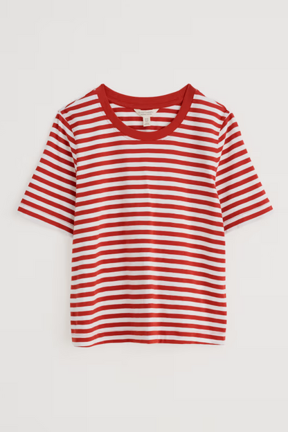 Seasalt Copseland Striped Organic Cotton T-Shirt Mini Cornish Chalk Dark Cinnamon