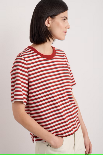 Seasalt Copseland Striped Organic Cotton T-Shirt Mini Cornish Chalk Dark Cinnamon