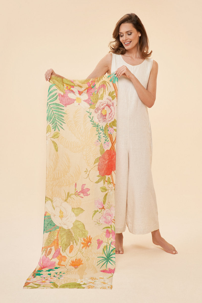 Powder Linen Tropical Flora and Fauna Scarf Coconut
