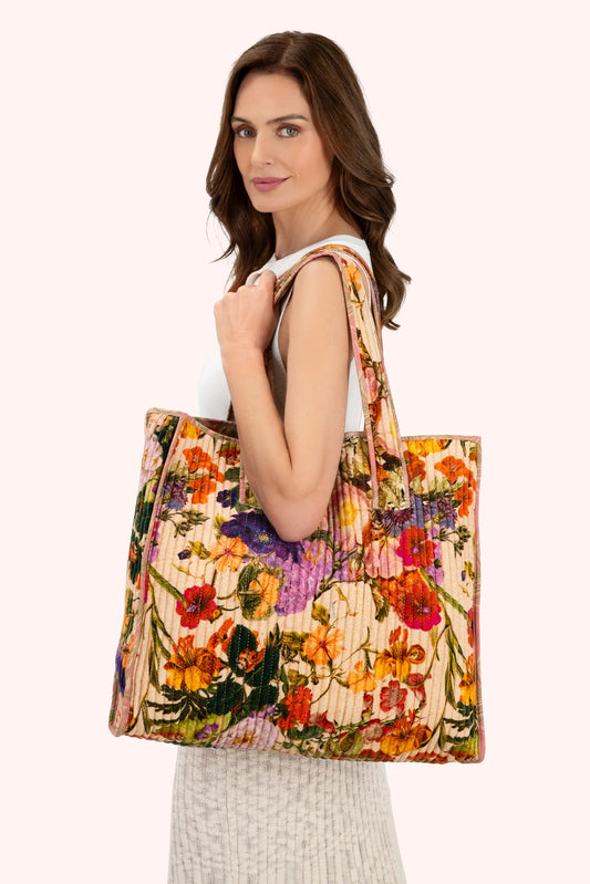 Powder Lux Velvet Quilted Tote Cream Posy