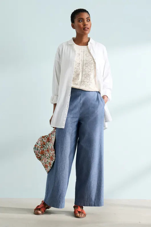 Seasalt Calluna Wide Leg Chambray Trousers Mid Wash Cross Hatch Seasalt Clothing womens trousers Wide leg trousers