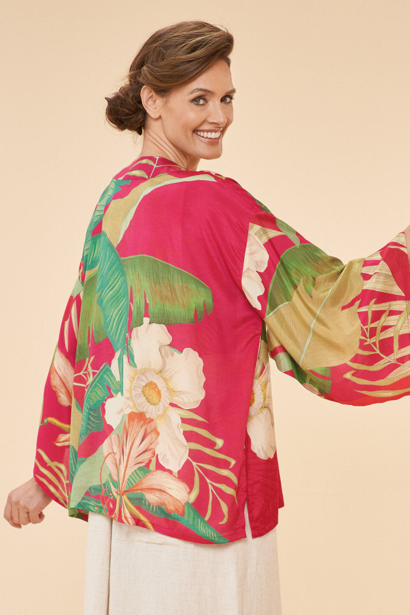 Powder Delicate Tropical Kimono Jacket in Dark Rose