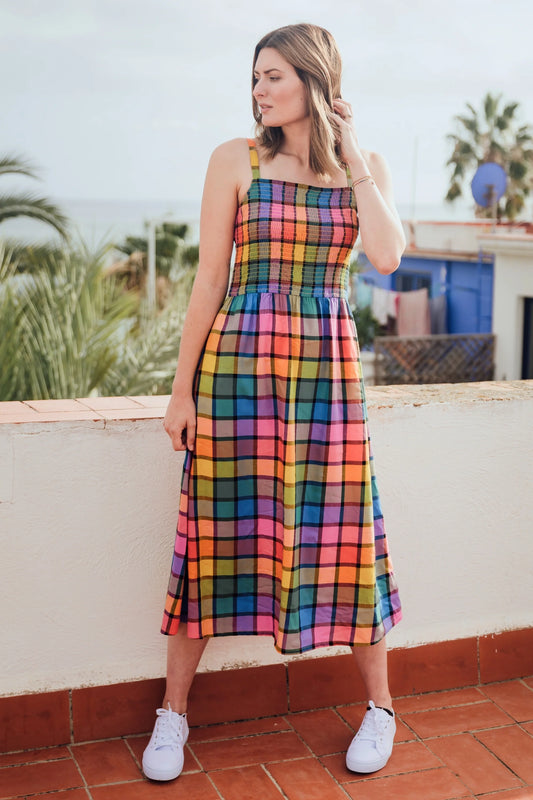 Sugarhill Brighton Denali Midi Shirred Sundress Multi Summer Rainbow Check Sugarhill Clothing funky dress