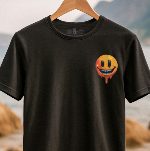 Dirty Velvet Keep Smiling Black T-shirt mens graphic tee. Black t-shirt with a smiley face design on a hanger against a natural background