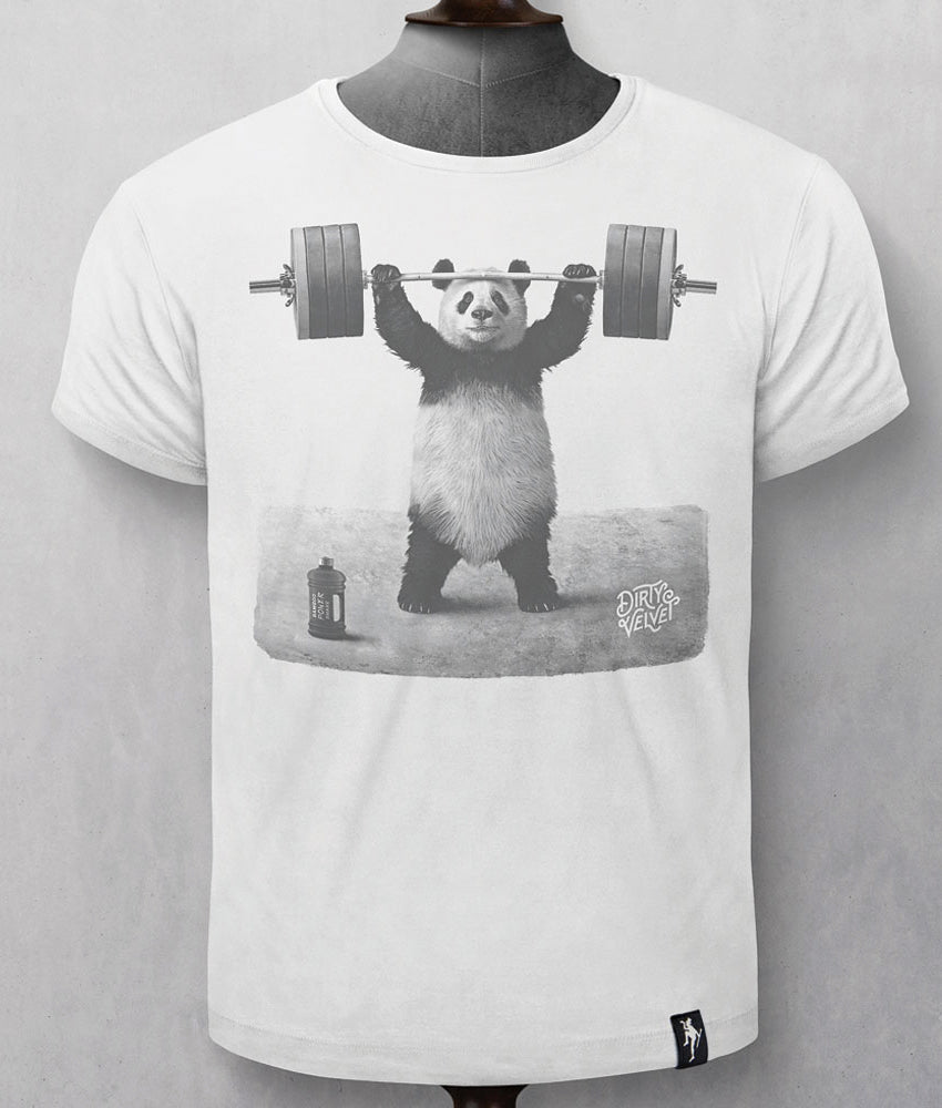 Dirty Velvet Panda Power White T-shirt mens graphic tee. Dirty Velvet White t-shirt with a graphic of a panda lifting weights on a gray background