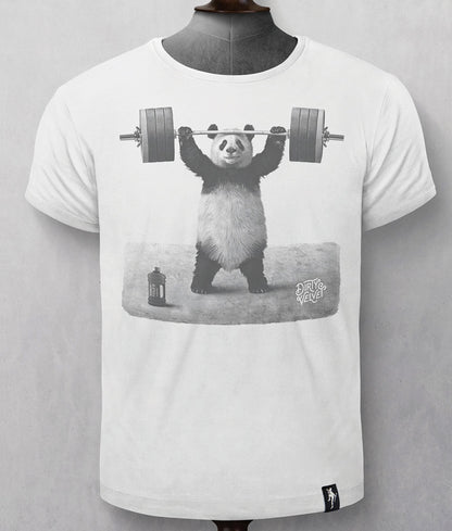 Dirty Velvet Panda Power White T-shirt mens graphic tee. Dirty Velvet White t-shirt with a graphic of a panda lifting weights on a gray background