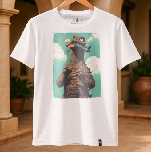 Dirty Velvet This is Fine White T-shirt mens graphic tee. Dirty Velvet designs are exclusively limited to a single print run for each collection. Tailored T-shirts are made from a soft but robust, medium weight, 100% organic cotton. The water-based inks used for our fine detail prints are not only better for the environment but also have a very soft hand feel on the garment. T-shirts are finished with a printed back nWhite t-shirt with a graphic of a creature on a hanger against a blurred outdoor background