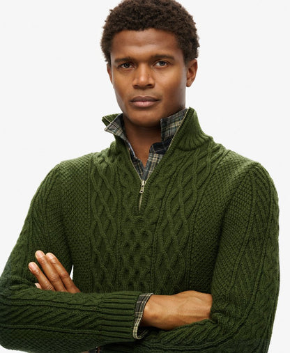 Superdry Vintage Jacob Cable Knit Half Zip Jumper Duffle Bag Green