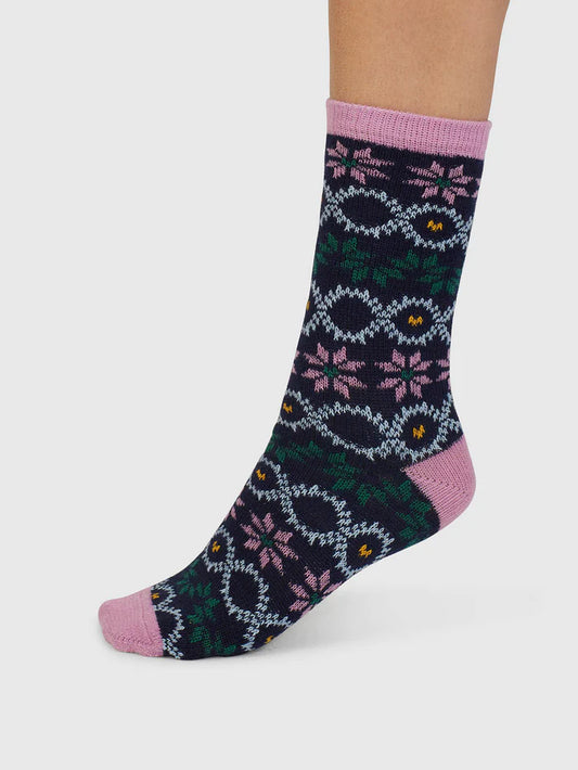 Womens Socks Thought Eleni Fair Isle Wool Socks Navy Funky Socks Super Thought socks 