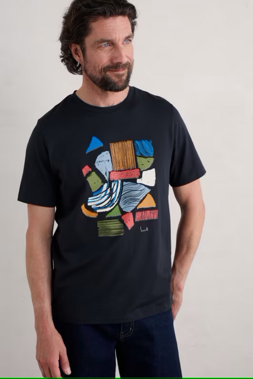 Seasalt Men's Midwatch Organic Cotton T-Shirt Arty Fields Inkwell