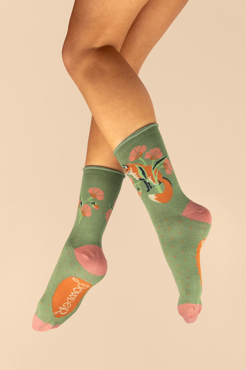 Powder Fox in a Meadow Ankle Socks Sage