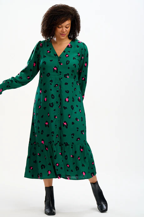 Sugarhill Brighton Gwen Midi Tiered Dress Green Pop Leopard
