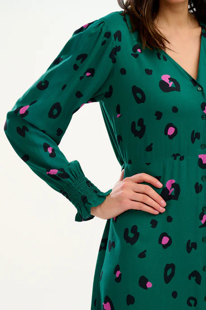 Sugarhill Brighton Gwen Midi Tiered Dress Green Pop Leopard