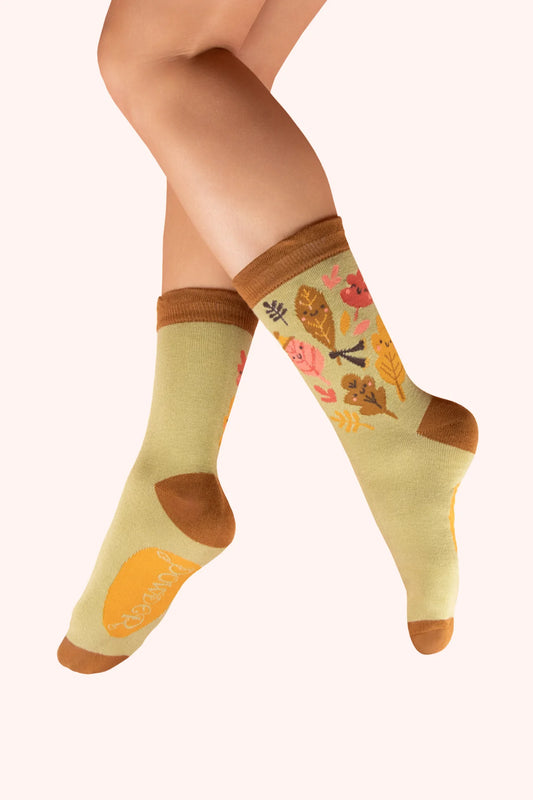 Powder Happy Leaves Ankle Socks Sage