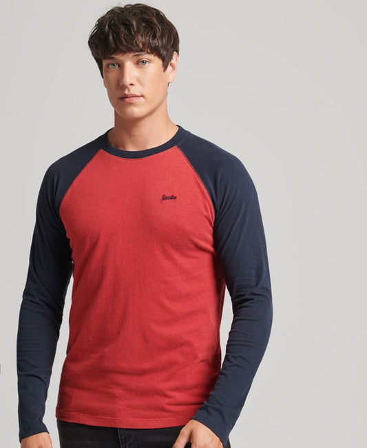 Mens T-shirt Superdry Men's Long Sleeve Top Superdry Organic Cotton Essential Long Sleeved Baseball Top Hike Red Marl/Eclipse Navy