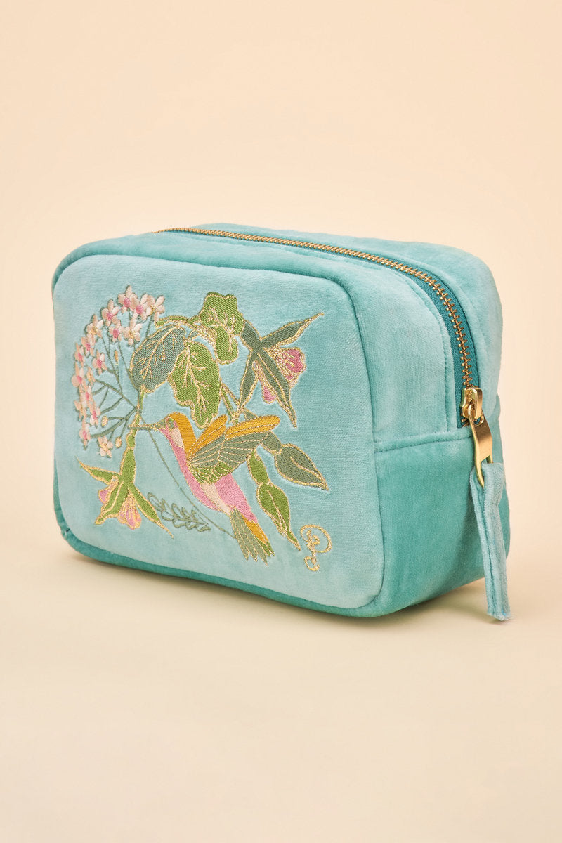Powder Velvet Embroidered Make Up Bag Hummingbird Aqua