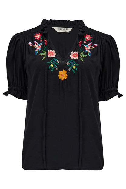 Sugarhill Brighton Angelique Shirred Top  Black Tropical Hummingbird