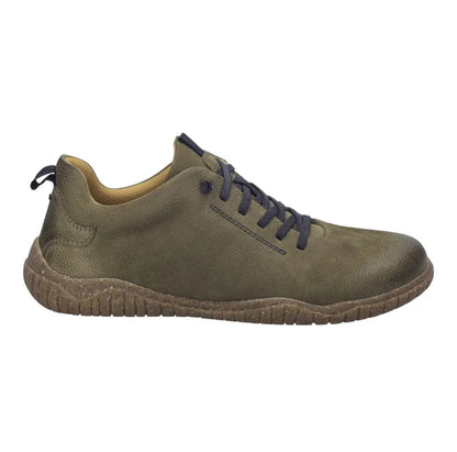 Josef Seibel Wallace 04 Oliv mens trainer shoe. Barefoot casual shoe with a spacious box toe for natural movement, crafted from soft durable leather with a ligh… Green sneaker with dark laces on a white background